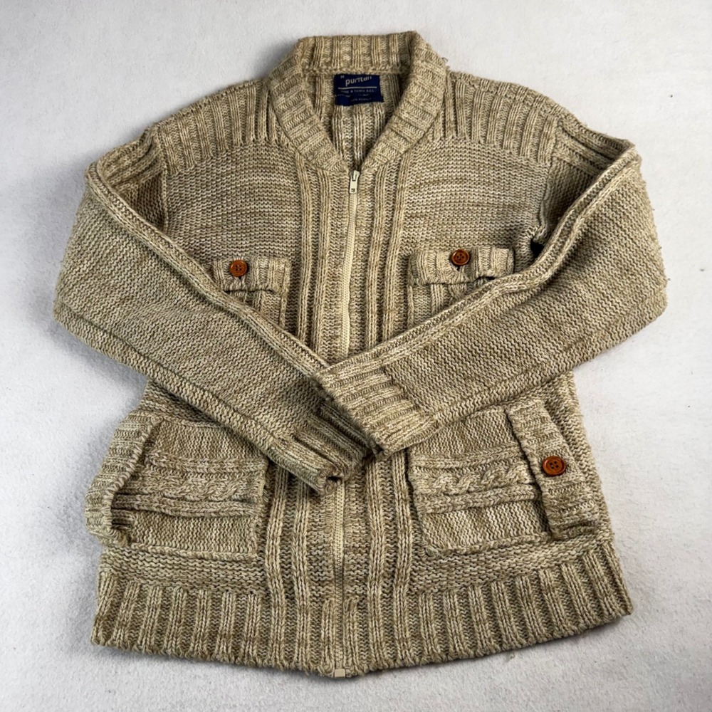 Vintage Puritan Mens Medium Full Zip Cardigan Sweater Tan Marl Ribbed Knit 4 Pkt